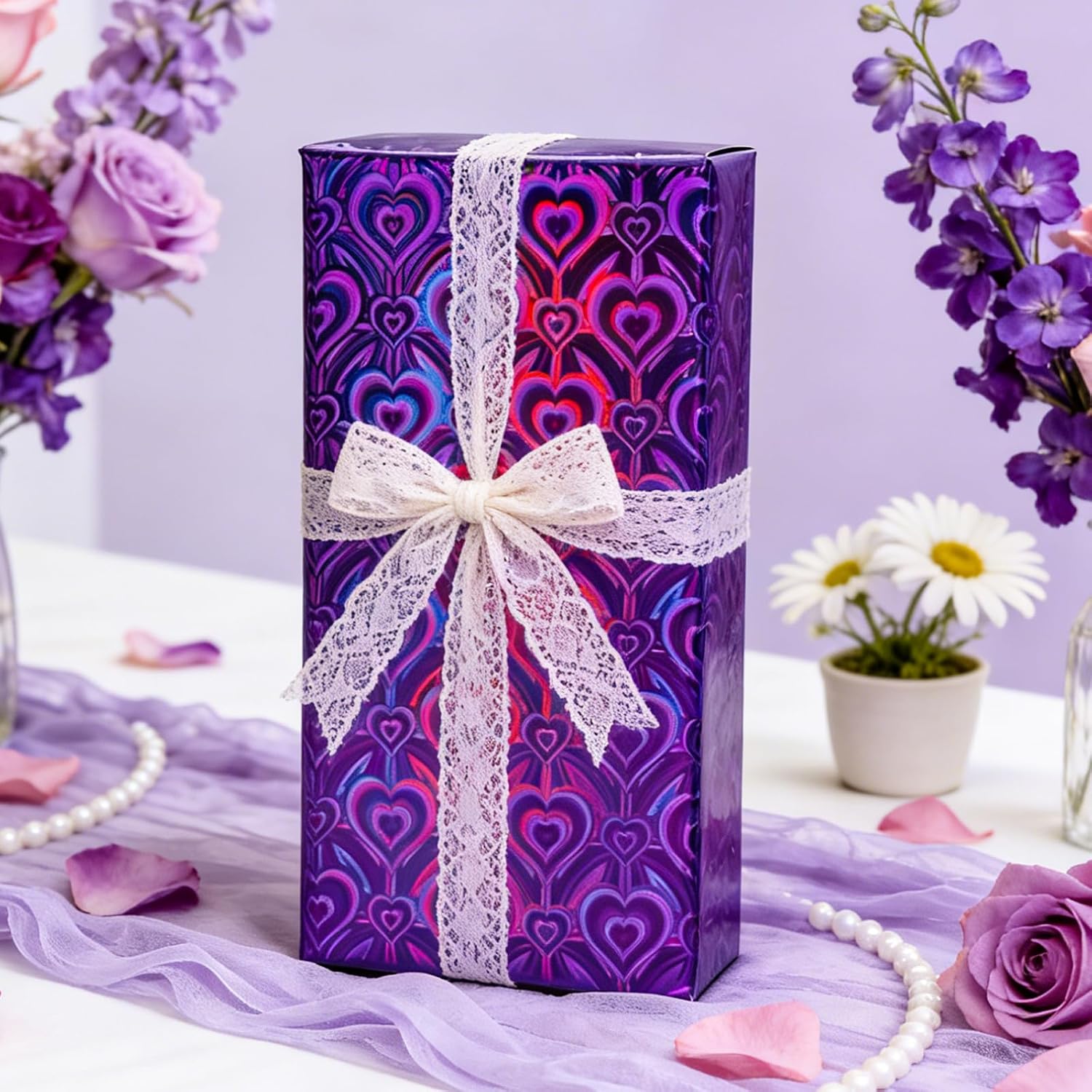 Homeral Purple Holographic Wrapping Paper Roll - Iridescent Shiny Heart Pattern for Valentines Day, Birthday, Mothers Day, Wedding, Bridal Shower, Fathers Day - 17 Inch x 32.8 Ft