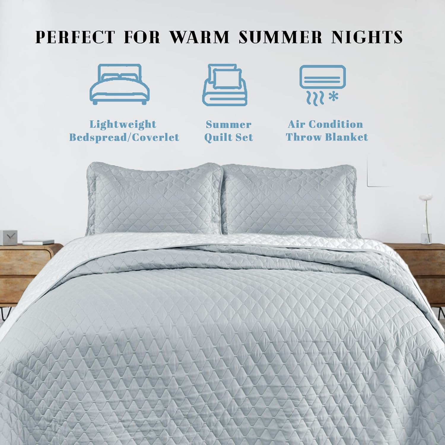 Catalonia Lightweight Summer Bedspread, Queen Size Quilt Set, 3 Pieces Bedding Coverlet-1 Quilt and 2 Pillow Shams, Grey Dimond Pattern, 90x96 inches