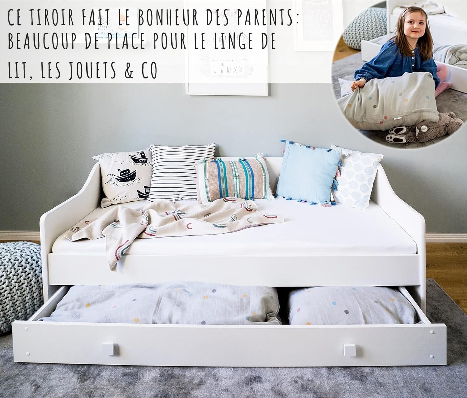 Kids Collective Lit d'enfant lit d'adolescent 80x160 cm avec Matelas Protection antichute & tiroir | Canapé Enfant lit Transformable Blanc 160x80 cm