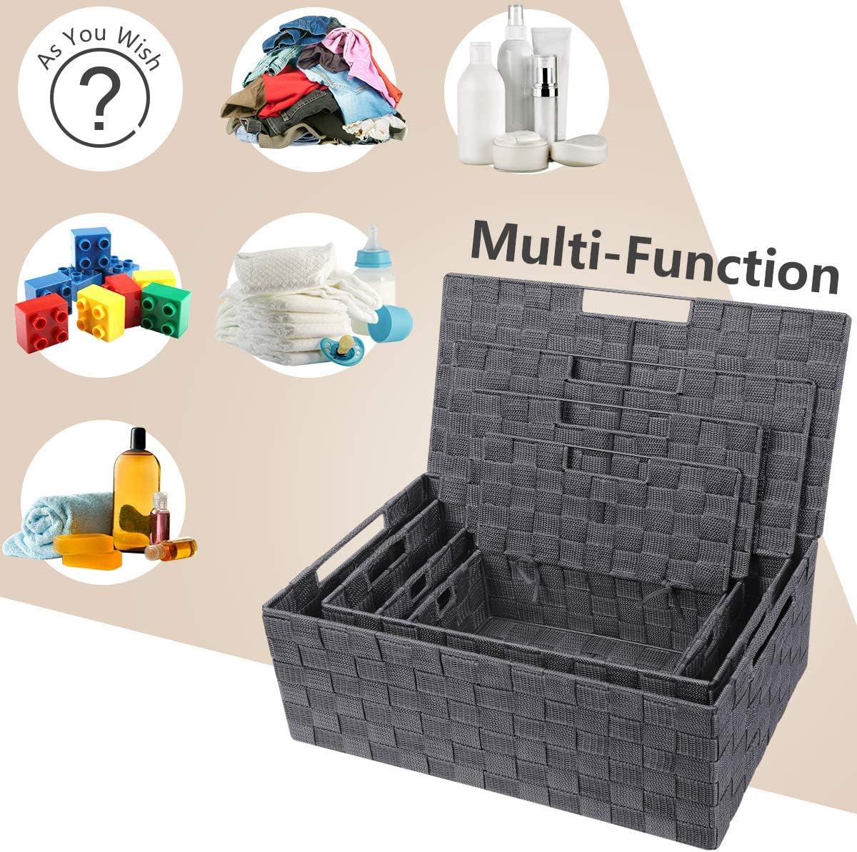 KEDSUM Woven Storage Baskets Boxes Bins, Black Storage Baskets with Lids, Woven Strap Storage Baskets Bins, Nylon Strorage Baskets Bin, Built-in Carry Handles (Grey Set of 4)