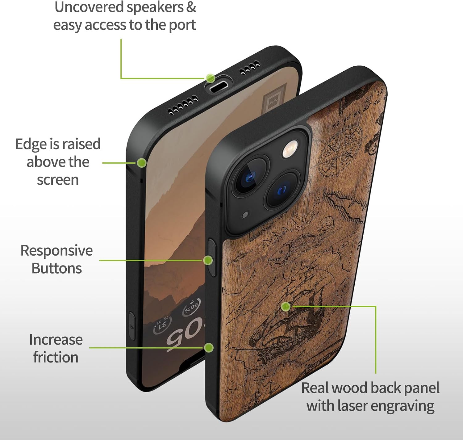 Carveit Magnetic Wood Case for iPhone 13 Case [Natural Wood & Black Soft TPU] Unique Wooden Shockproof Protective Cover Compatible with magsafe (Vintage Pirate Ship -Walnut)