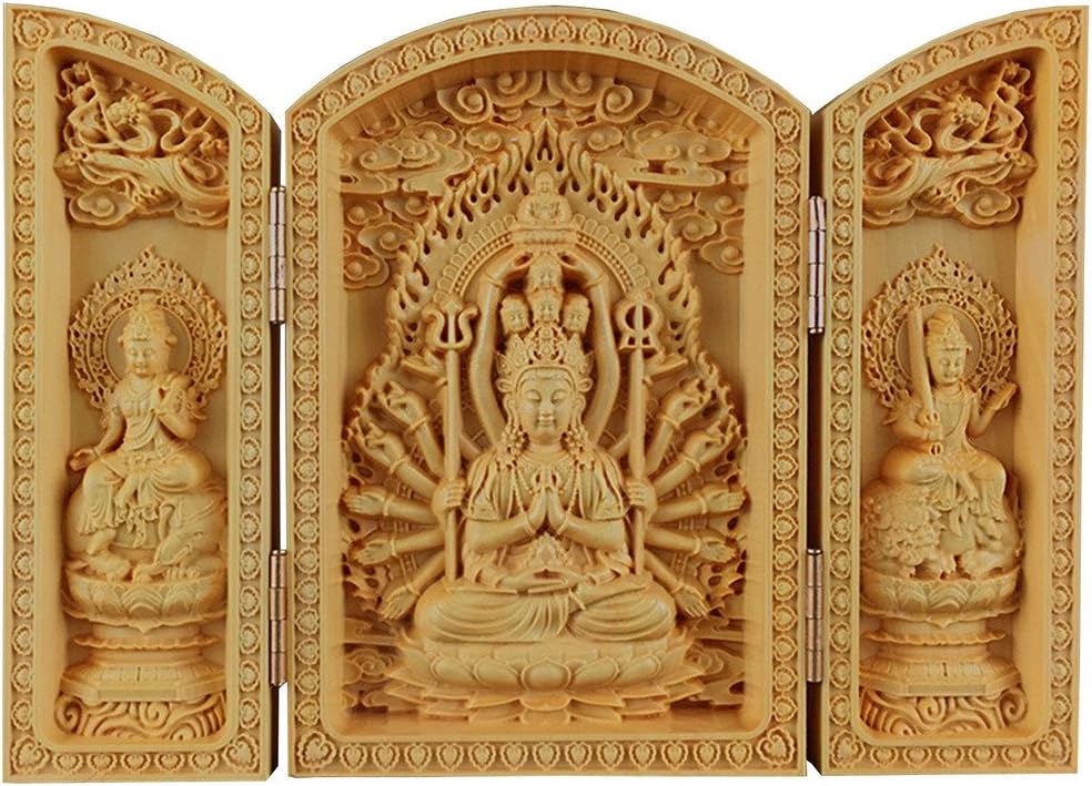 QHYT Buddha Statue Carving Locker Box, Avalokitesvara Sculpture Decoration Made of Boxwood, Golden