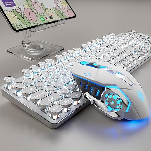 TK950 Combo de teclado y mouse inalámbricos con máquina de escribir y mouse, teclado mecánico retro de 104 teclas con retroiluminación blanca,