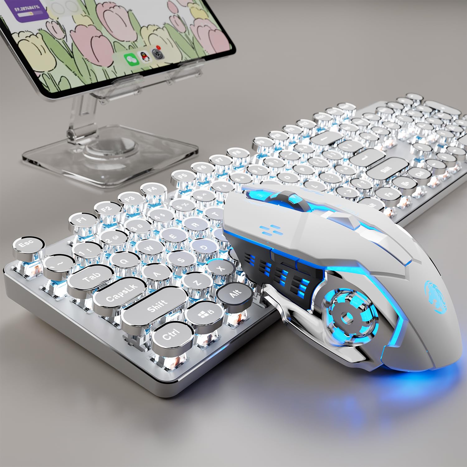 EWEADN TK950 Wireless Typewriter Keyboard and Mouse Combo 104 Keys Retro Mechanical Keyboard with White Backlight Anti-Ghosting Blue Switch-image-21