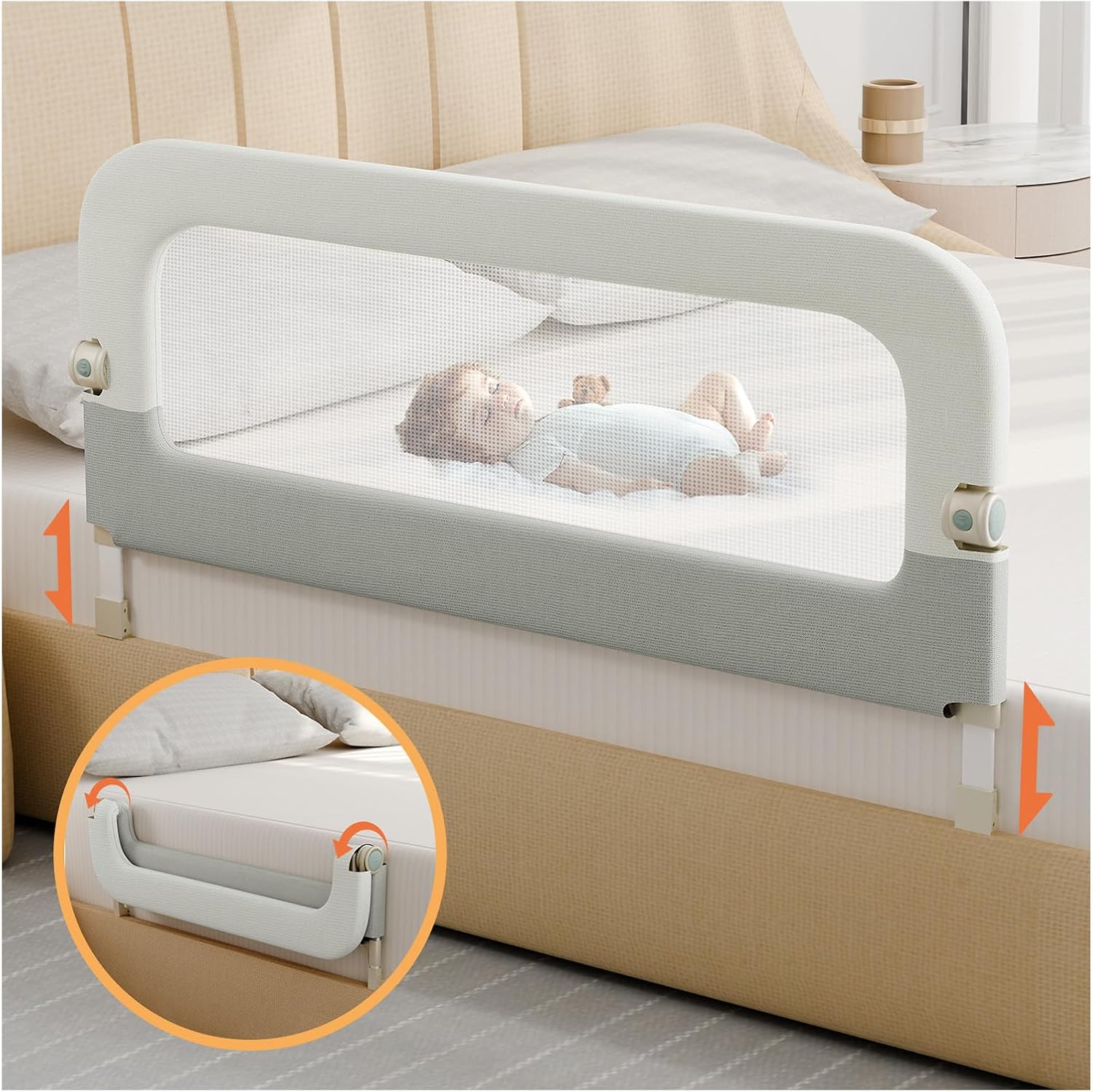 Large Bed Guard Rail for Toddlers - 59inch Foldable & Adjustable Heights Baby Bed Safety Railing - Toddler Long Bed Rails Guard for Twin, Bunk, Queen & King, Full Size Bed White With Grey 59 inches