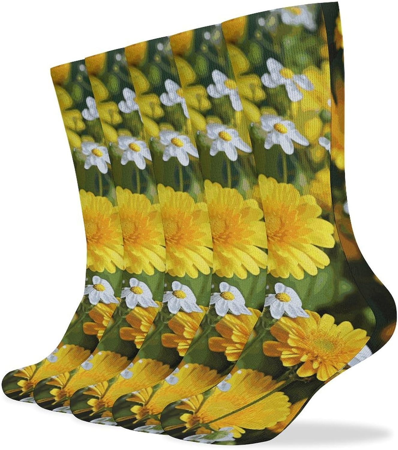 Yellow Butterfly And Yellow Daisies Crew Socks Cozy Casual Calf Socks Lightweight Long Work Sock Breathable Athletic Sock for Hiking Sports Running 5 Pairs