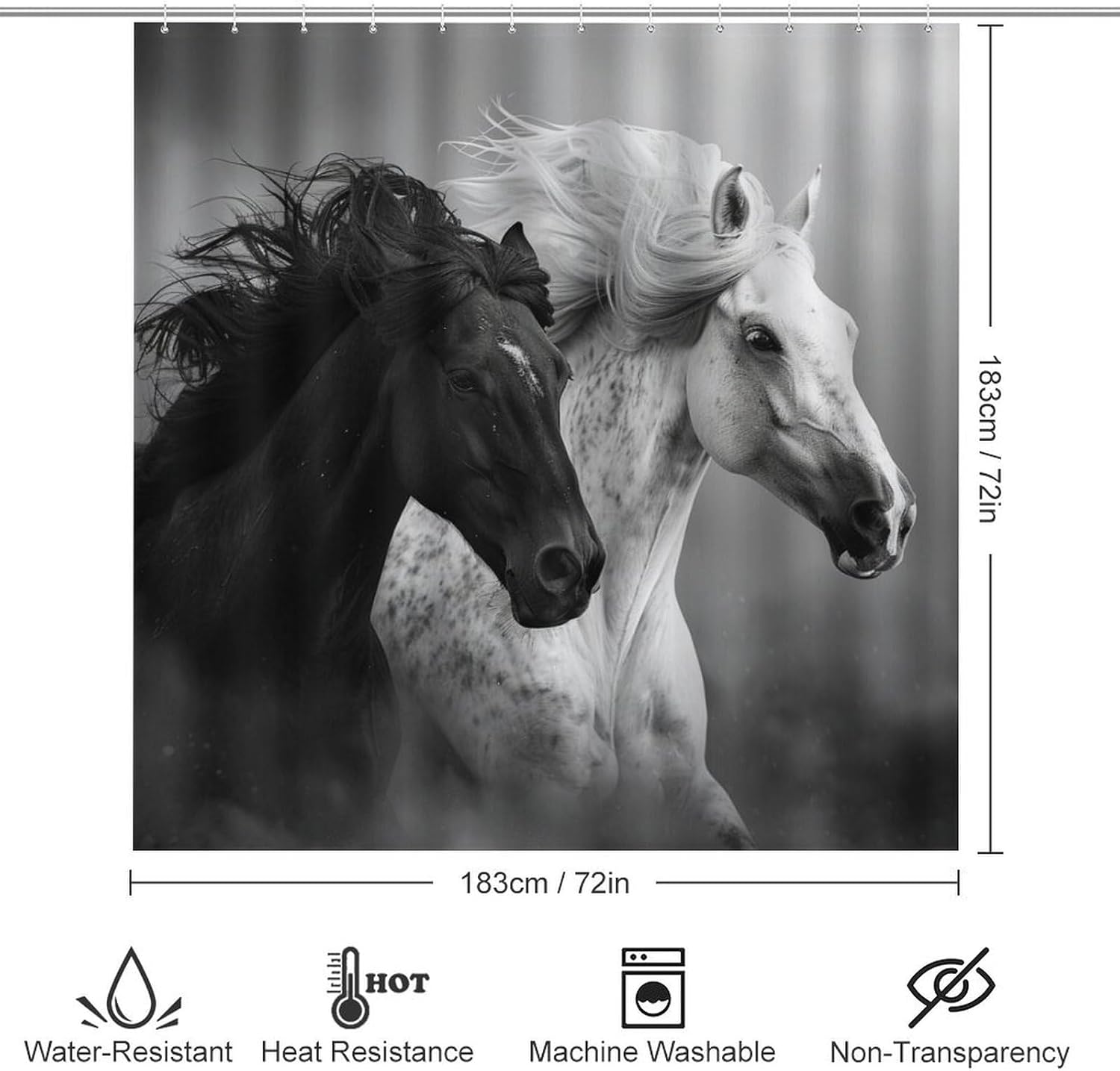 4Pcs Black White Horse Shower Curtain Set with Rugs, Toilet Lid Cover and Bath Mat, Farmhouse Animal Wildlife Bathroom Curtains Decor Shower Curtains, 72" x 72"