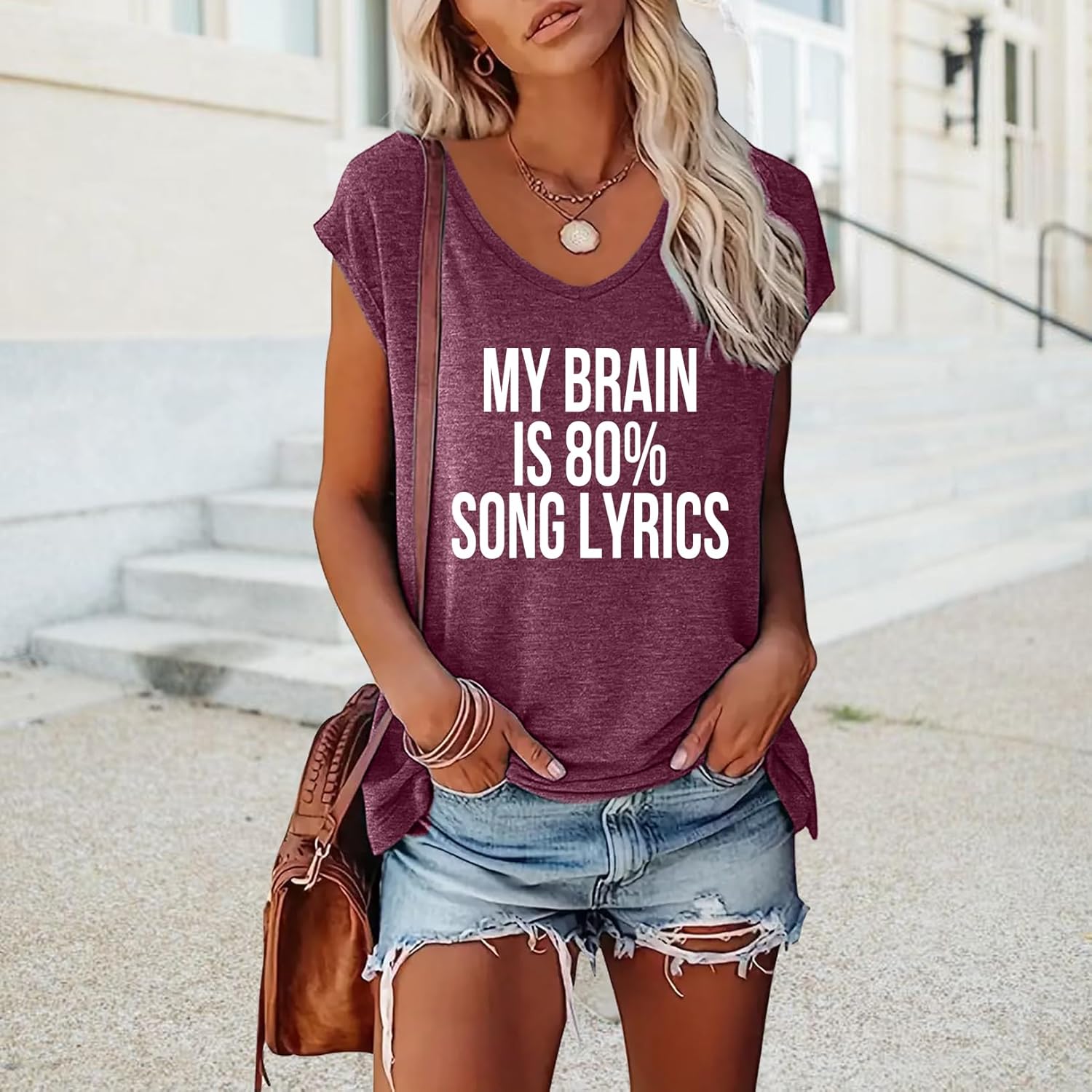 BLACKOO Women's V-Neck Graphic Tees My Brain Print Tops - Image 2