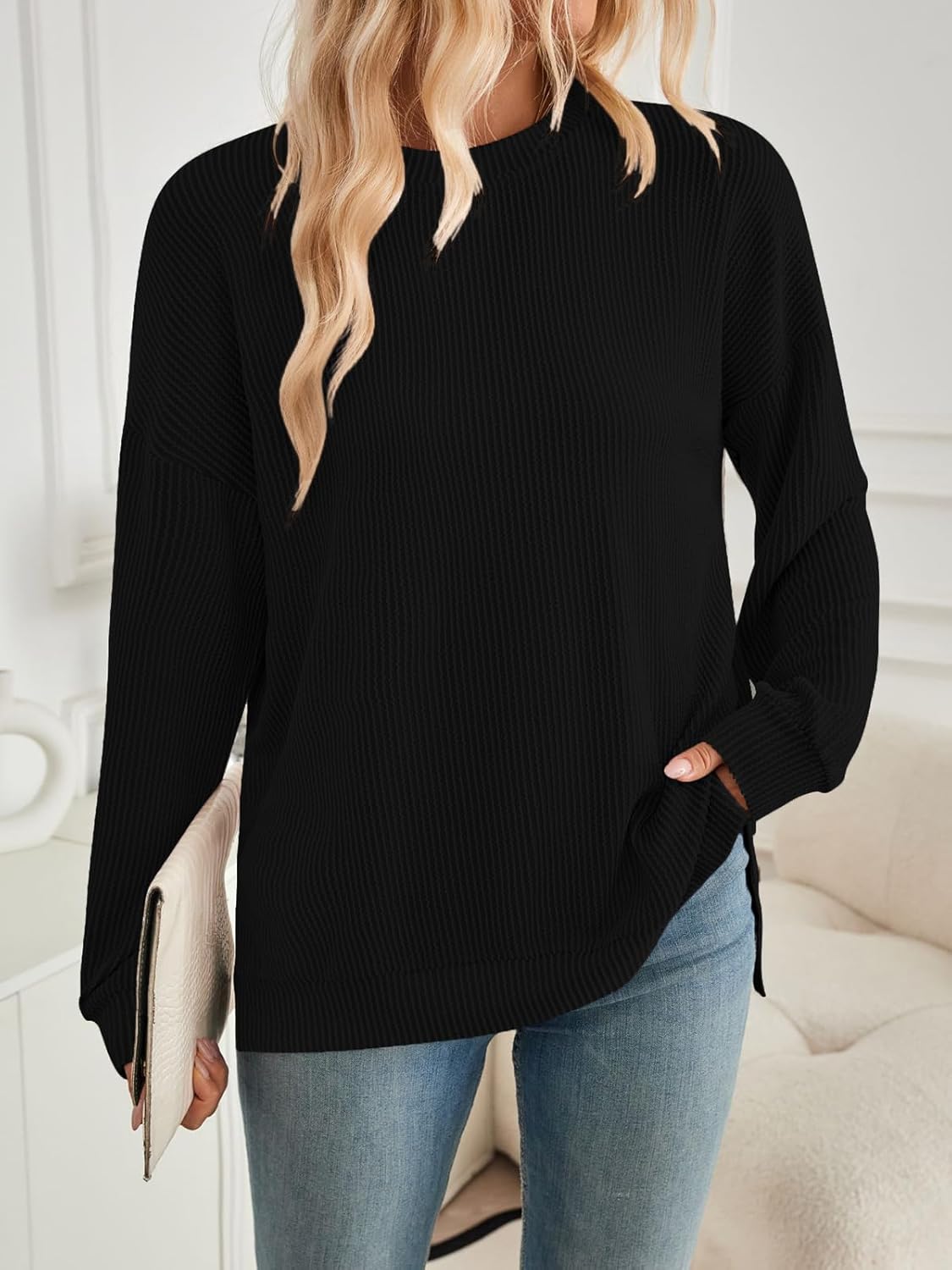 BAISHENGGT Women's Ribbed Sweatshirts Crewneck Casual Long Sleeve Loose Fit Stretchy Fall Tunic Tops - Image 7