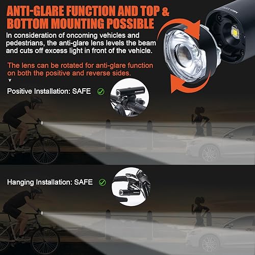 Miniatura 3 de Faro delantero de bicicleta de 12001500 lúmenes recargable, lente giratoria antideslumbrante luz de bicicleta para conducción nocturna para