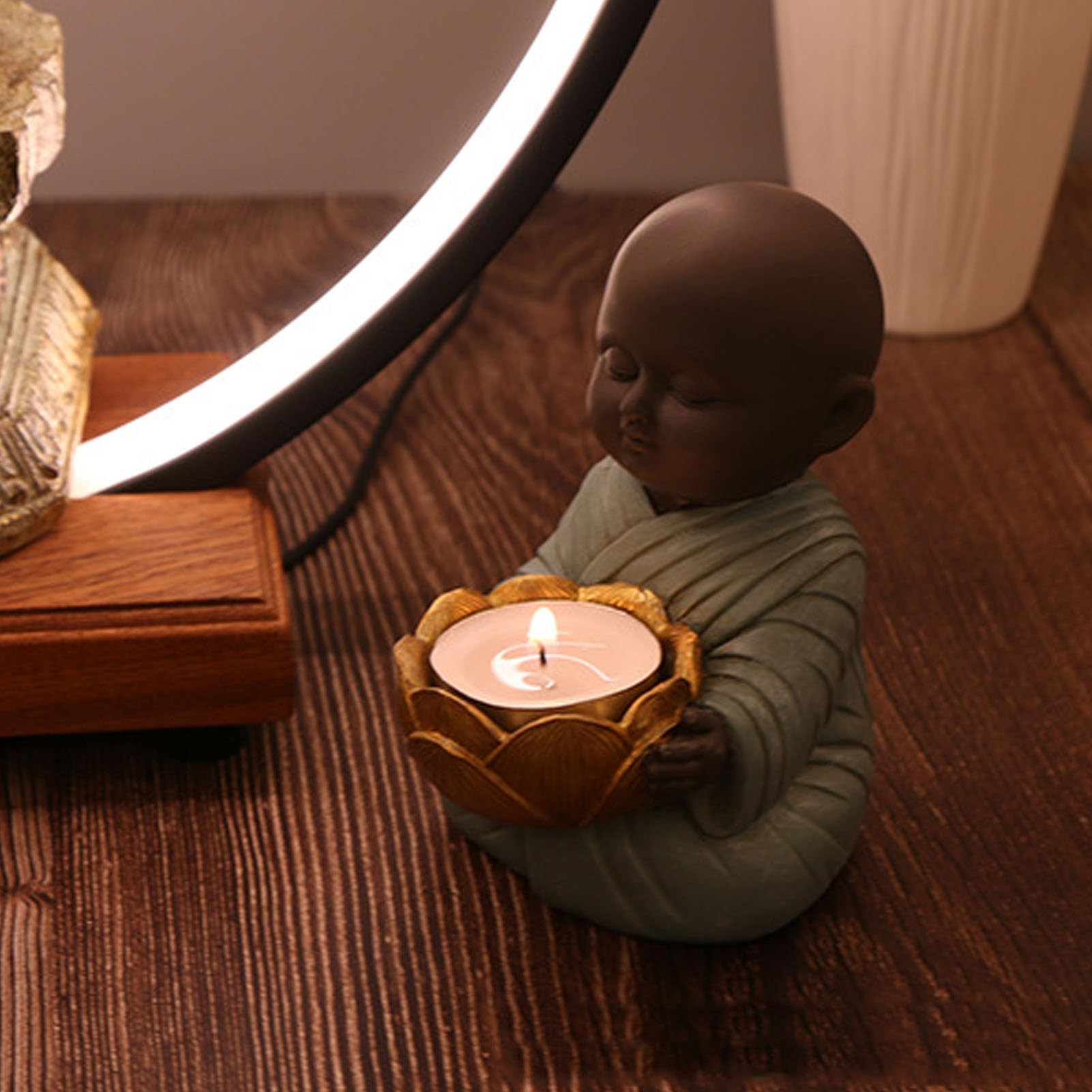 Little Monk Statue Candlestick Holder Vintage Exquisite Decorative Buddha Statue Candle Holder for Desktop Office Outdoor (Blue)