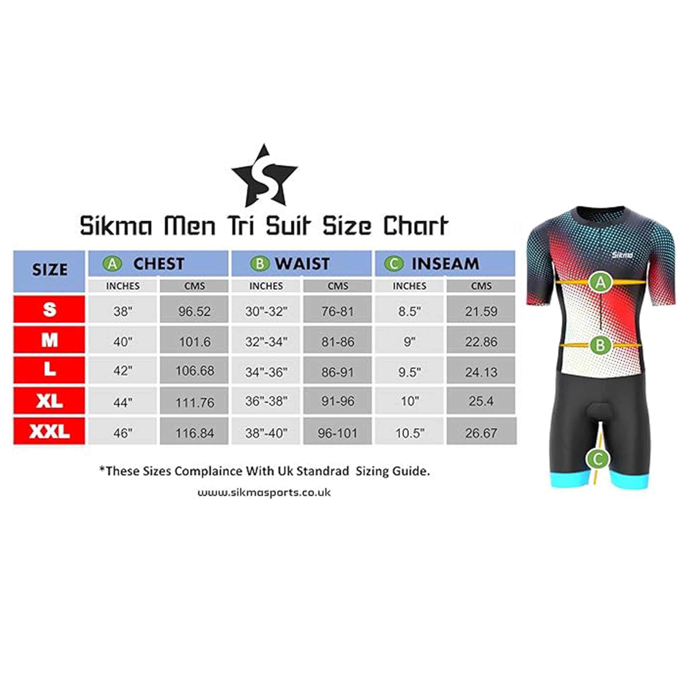 Sikma Combinaison de triathlon à manches mi-longues pour homme en maille respirante rembourrée avec réflexion haute visibilité, une poche arrière et bande élastique pour les jambes