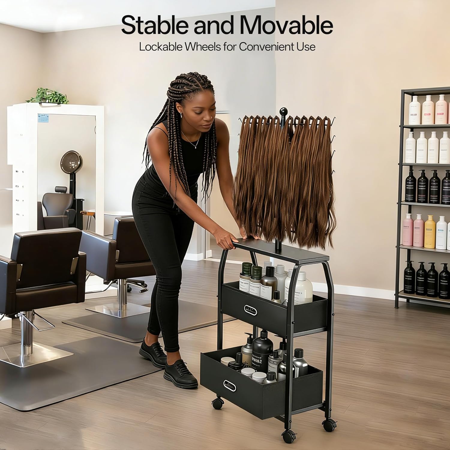 Portable Braiding Hair Rack With Wheels & Storage Drawers,168 Pegs Hair Extension Holder Hanger for Braiding Hair Separator Stand Display,Hair rack with stylist hair braiding tools(black)