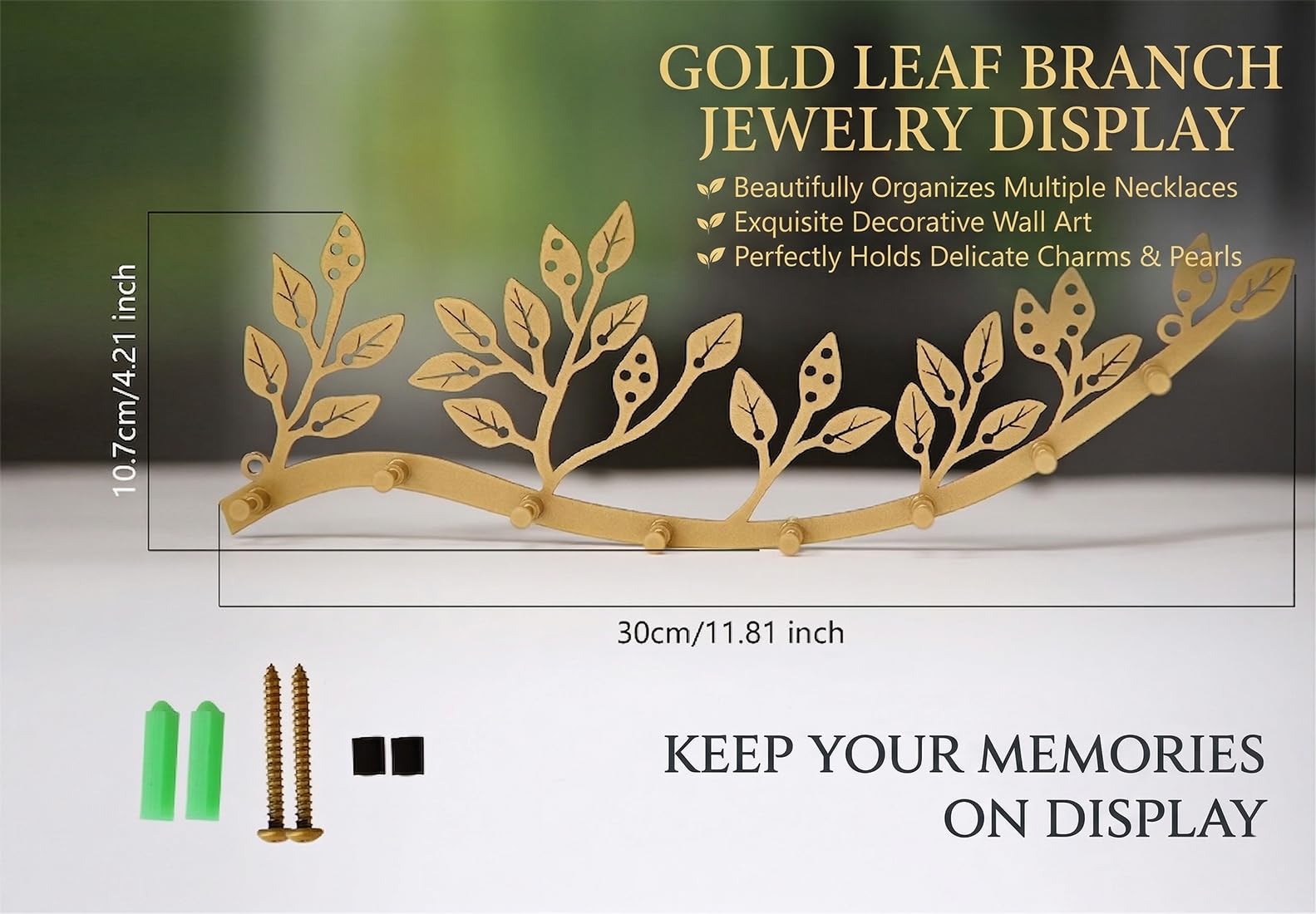 Organizador de collar de joyería montado en la pared con 8 ganchos y 43 agujeros, aretes perfectamente colgantes, pulsera y llaves, decoración de pared de rama de árbol de metal dorado rústico