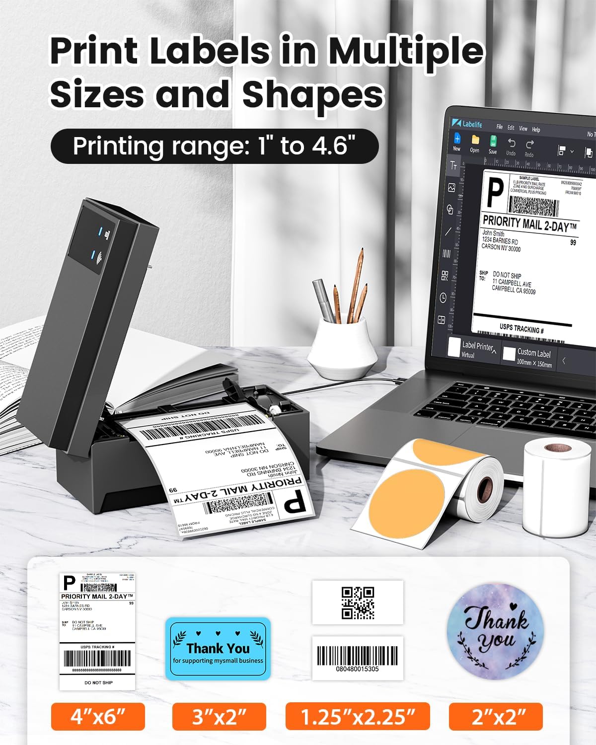 Examples of different label sizes and shapes that can be printed by the Phomemo 249 printer.