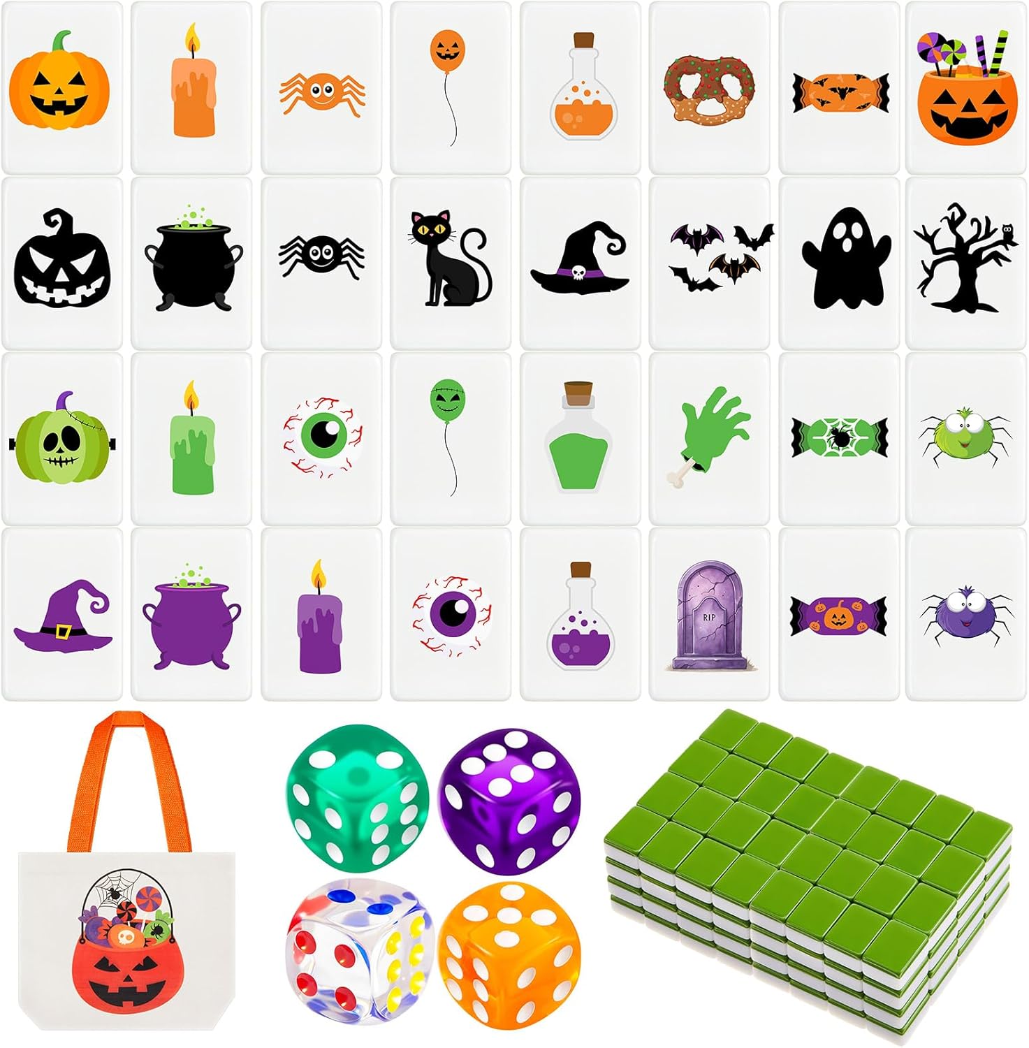 130 Tiles 4 Player Halloween Mahjong Tile Set with Storage Bags 30mm Mahjong Push Block Game Pattern No DIY Required for Friend Family Game Night Party Gift
