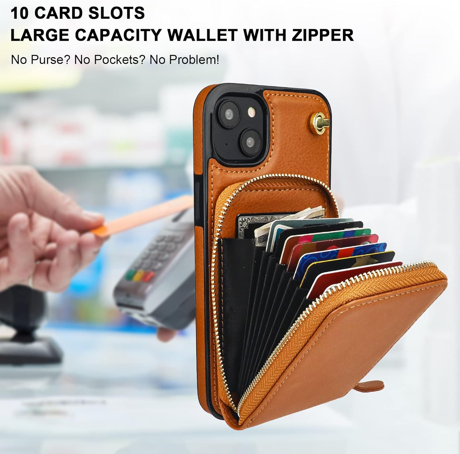 KIHUWEY Crossbody Wallet Case for iPhone 14 Plus, Zipper Pocket Case with Card Holder, PU Leather RFID Blocking Protective Cover Case with Kickstand Detachable Wrist Strap Lanyard 6.7" (Brown)
