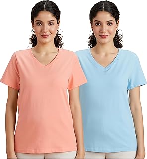Amazon Brand - Symbol Women's Cotton Stretch Regular Fit V Neck Half Sleeve T-Shirt (Available in Plus Sizes) Price In India