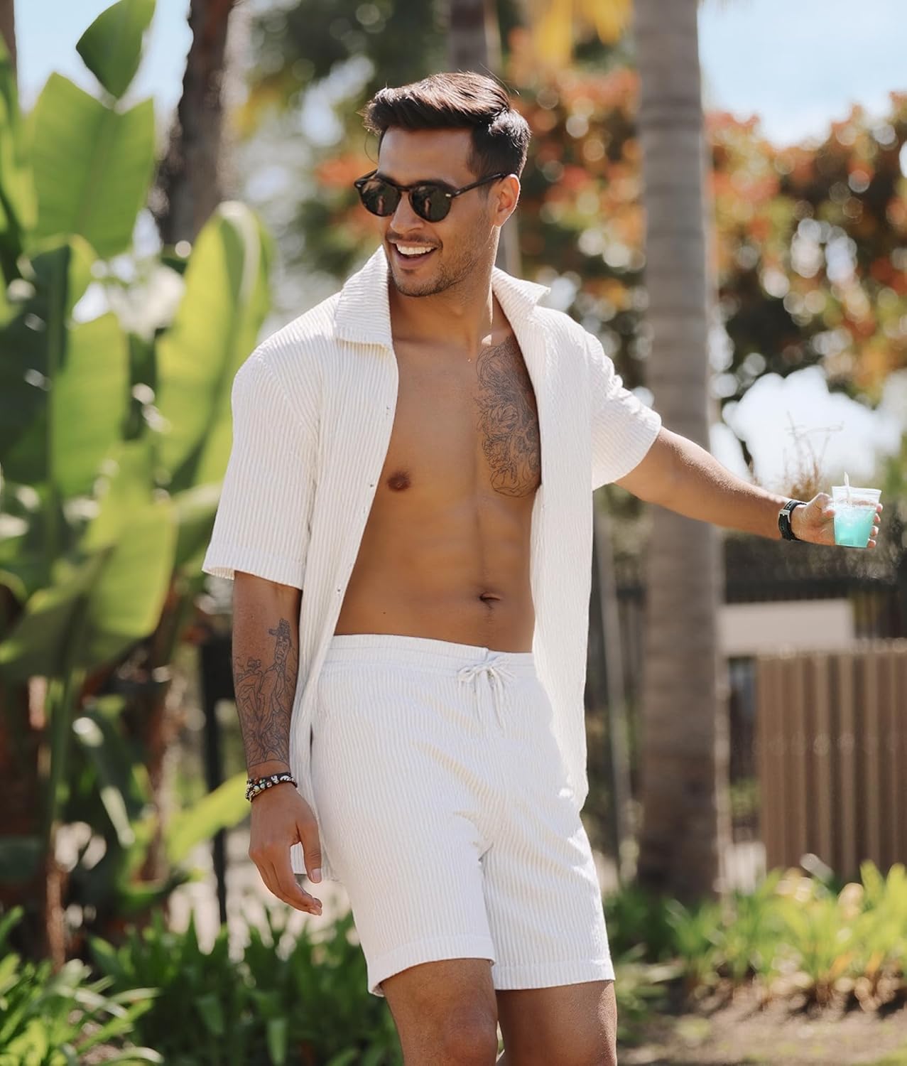 UOUA 2 Piece Short Sets for Men Summer Beach Outfits Stripe Texture Button Down Shirts & Shorts Casual Vacation Set - Image 4