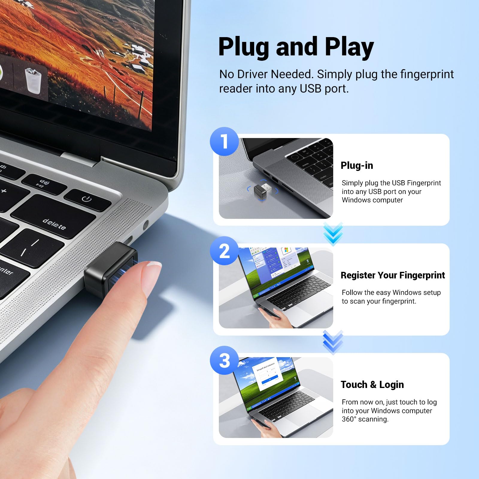 Lecteur d‘Empreintes digitales USB pour Windows Hello, Compatible avec Windows 11/10, Capteur 360°, clé de sécurité biométrique Plug & Play pour PC/Ordinateur Portable