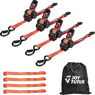 JOYTUTUS Automatic Lashing Straps, Pack of 4, 2.5 cm x 3 m Ratchet Lashing Straps with Retraction Function, 680 kg Breaking Strength
