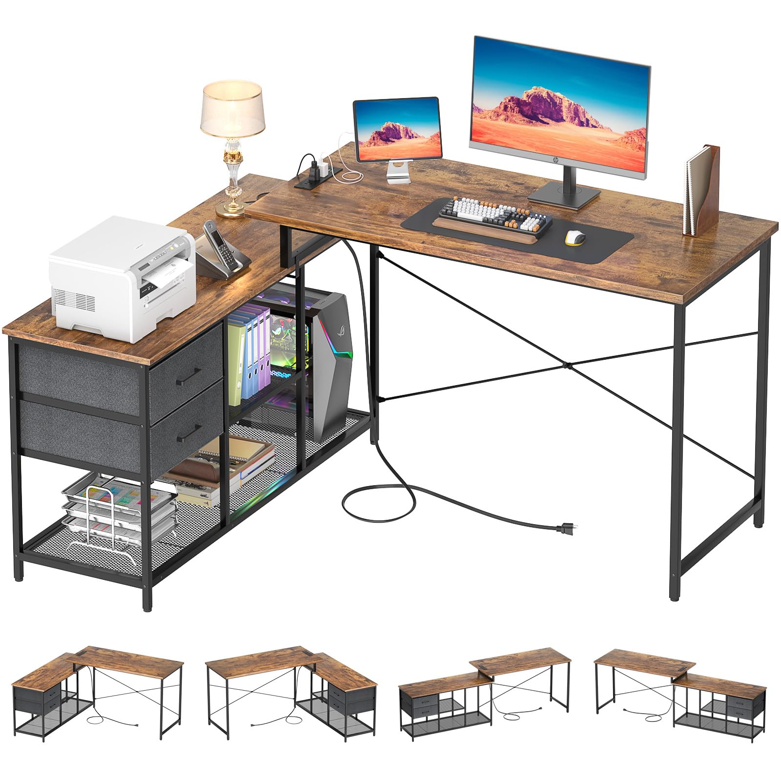 Homieasy Reversible L Shaped Desk with Power Outlet, Corner Computer Desk with Drawers and Storage Shelves, L-Shaped Long Home Office Desk Study Writing Desk Gaming Desk, Rustic Brown