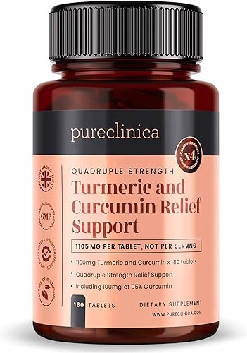 1100 mg de cúrcuma y curcumina  180 comprimidos x 1100 mg  95% de curcumina  1000 mg de extracto de raíz de cúrcuma  con 5 mg de extracto de