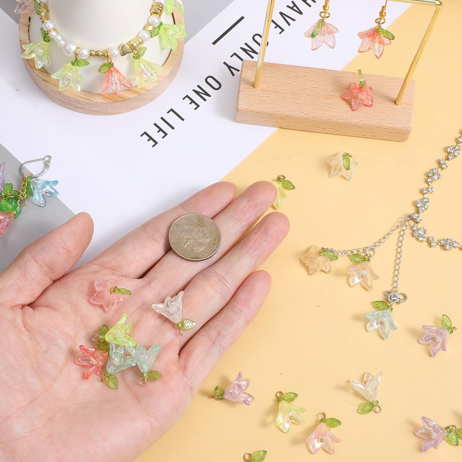 32Pcs Acrylic Lily Flower Charms, 8Colors Plastic Dangle Charms with Pearl Beads for Jewelry Making, DIY Craft Supplies for Bracelets, Necklaces, Earrings(20mm) - Image 3