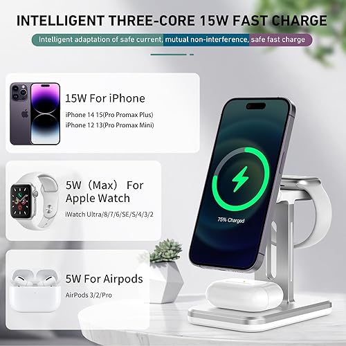 Miniatura 2 de Cargador inalámbrico 3 en 1, estación de carga rápida para iPhone con adaptador para 15, 14, 13, 12 ProMaxMiniPlus, iWatch 876SE5432 y Airpods