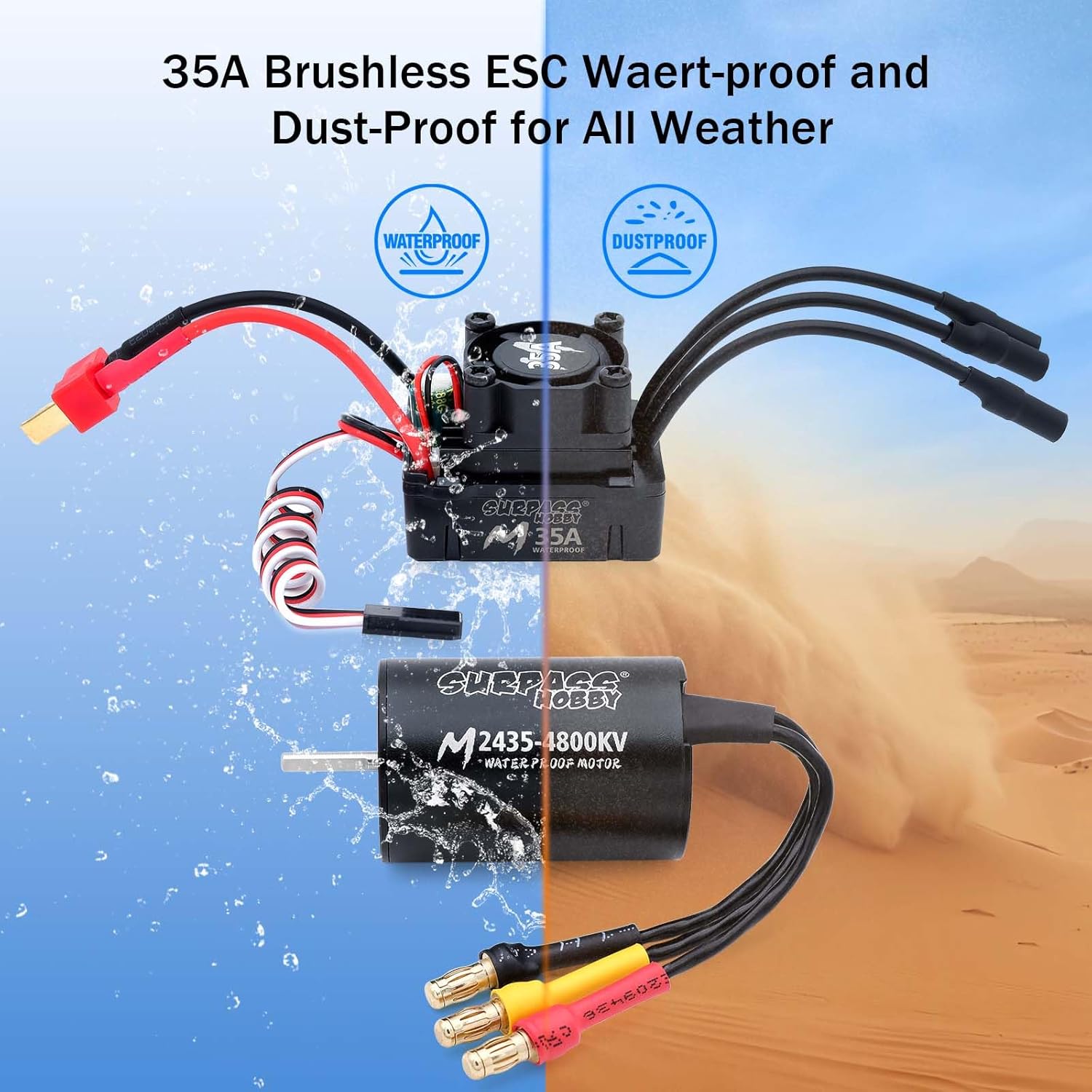 SurpassHobby RC Brushless Motor ESC Combo Waterproof 2435 4800KV Brushless Motor and 35A ESC Combo Set for 1/16 Remote Control Cars Trucks Off-Road Vehicle