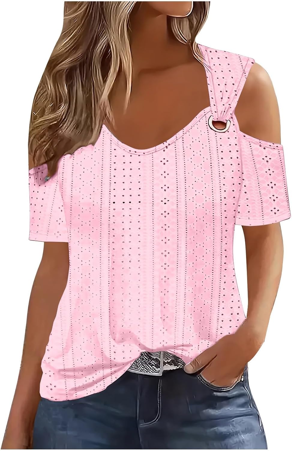 Summer Shirts for Women 2025 Casual Cold Shoulder Short Sleeve Eyelet Tops Loose v Neck Tunic Blouses Trendy