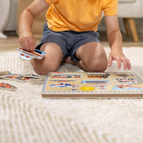 Vista 8 de Melissa & Doug Rompecabezas de Sonidos de Vehículos – Rompecabezas de Clavijas de Madera de 8 Piezas con Sonidos Activados por Luz, Juguete