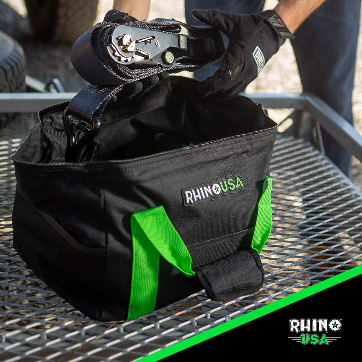 Rhino USA Car Trailer Ratchet Straps Kit - 11,128lb Guaranteed Break Strength - Use for Car, Truck, UTV & More - (4) Premium 2" x 8' Ratchet Straps with Padded T-Handles + (4) Axle Straps Tie Down Black & Green