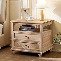 Vista 9 de Mesita de noche estilo granja con estación de carga, mesa auxiliar de 61 cm de ancho con 2 cajones, cómoda marrón para dormitorio, cómoda de cajones