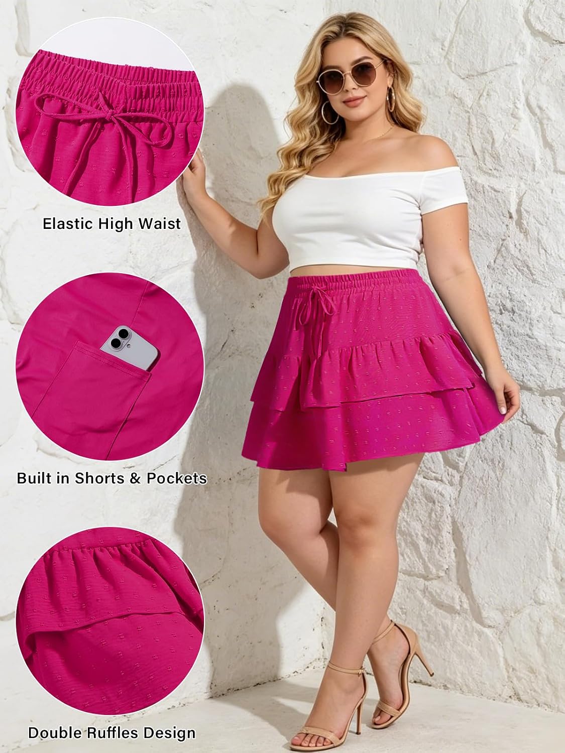 Moon Wood Women's Plus Size Tiered Mini Skorts Boho High Waisted Ruffle Shorts Flowy Summer Beach Skirt with Pockets