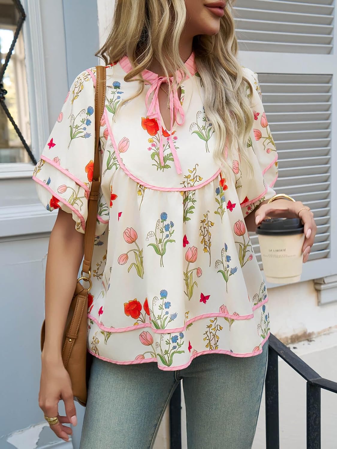 Cicy Bell Womens Summer Floral Babydoll Tops V Neck Short Lantern Sleeve Shirts Cute Loose Fit Flowy Blouses - Image 5