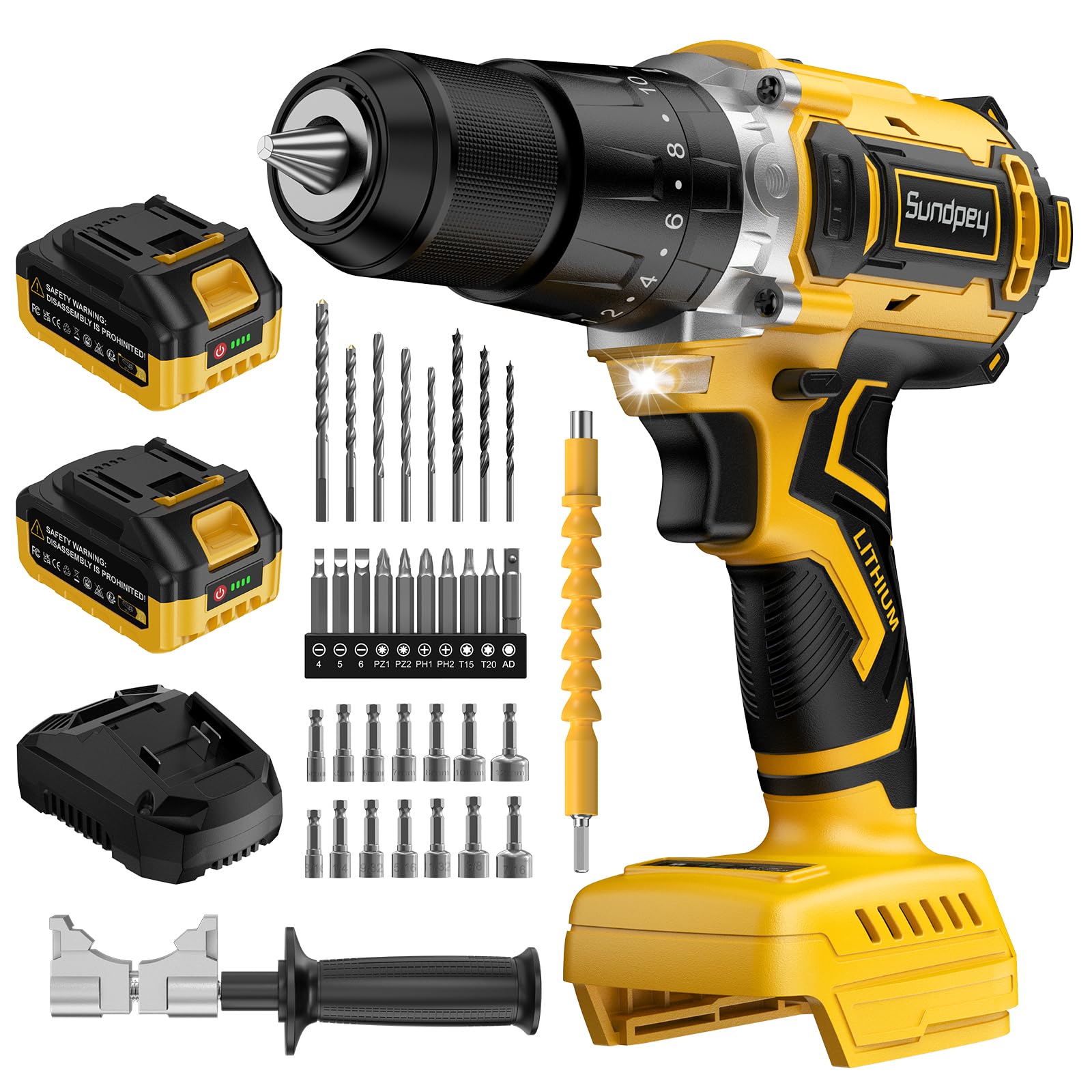Sundpey Taladro Percutor Bateria 21V, Max 2150RPM Taladro Atornillador Batería Sin Escobillas con 2x4.0Ah Baterías, 20+3 Ajuste de Par Inalámbrico Atornillador Electrico, 13mm Portabrocas, 2 Velocidad