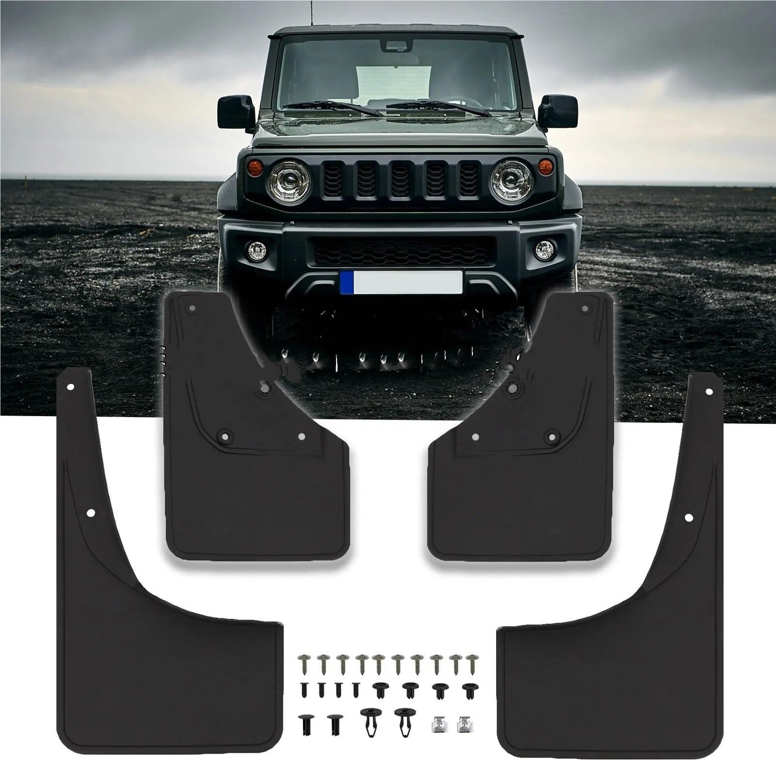 Chlapacze samochodowe Pasuje do Suzuki Jimny Sierra JB64 JB74 2019-2023 błotniki z paskiem holowniczym osłona rozbryzgowa błotnik przednie tylne(4Pcs-With Tow Strap)