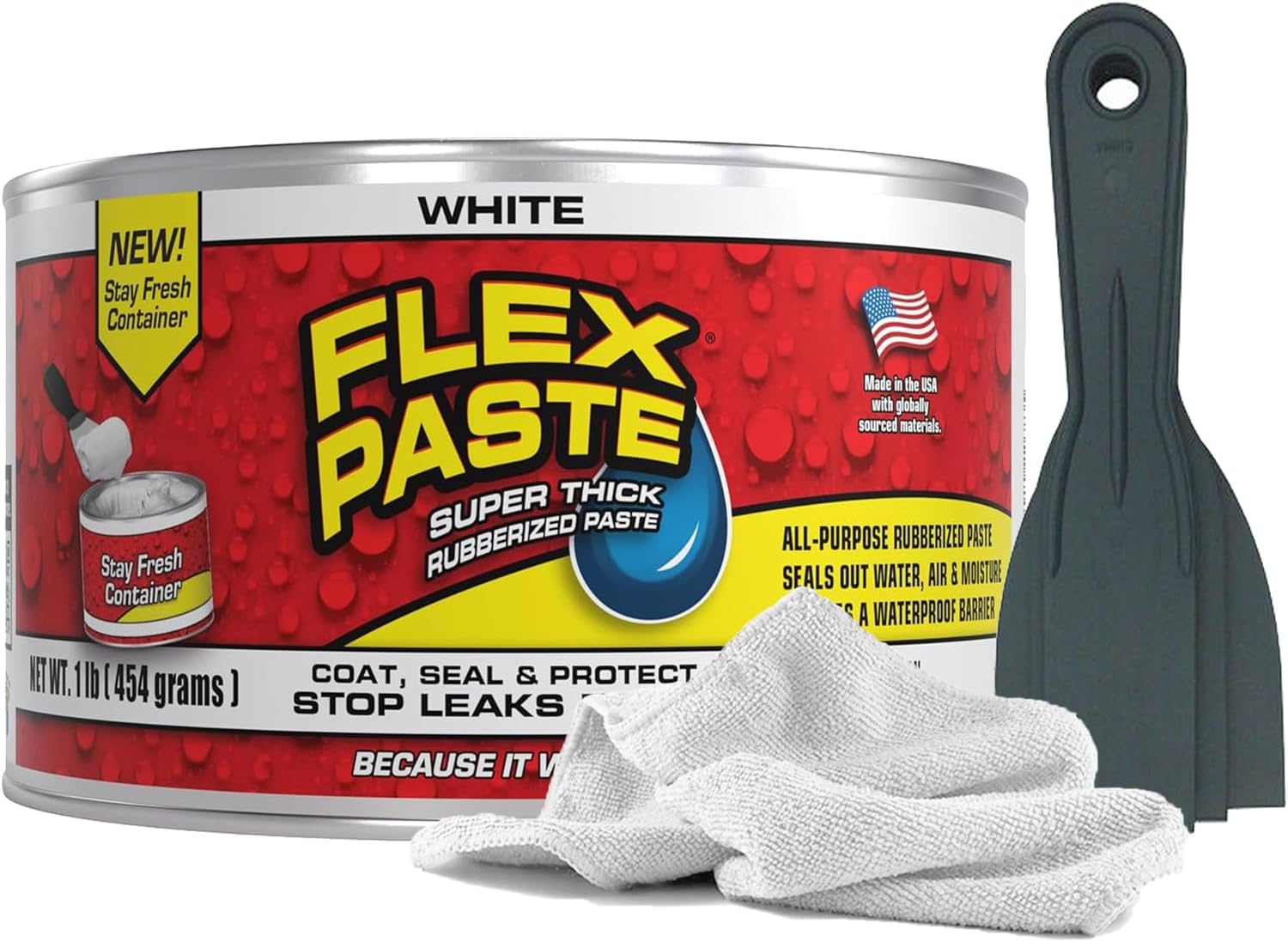 Flex Seal Flex Paste White, 1lb - Leak Repair Kit with Putty Knife Set + Daley Mint Cleaning Towel | Quickly Fills Cracks, Holes, Gaps