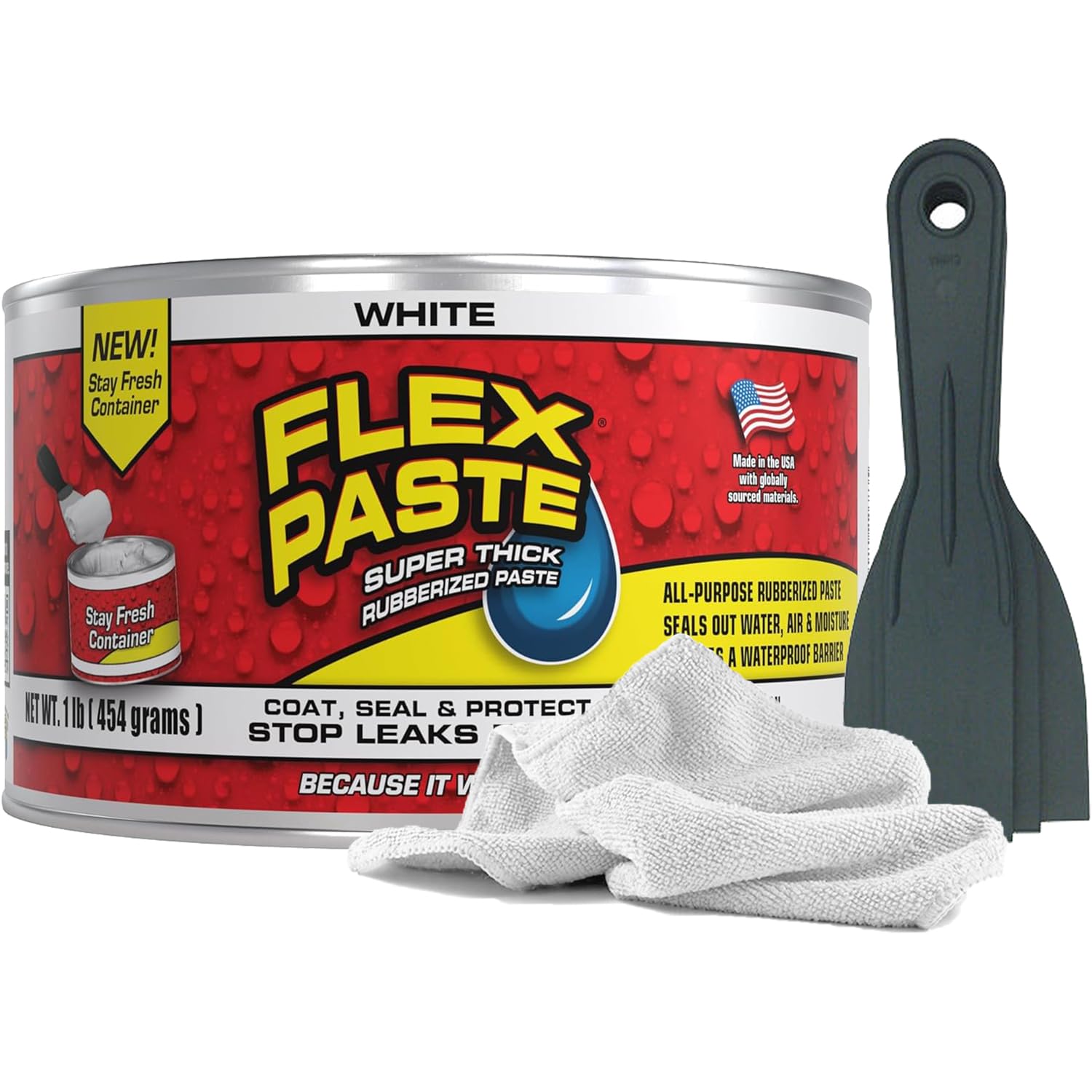 Flex Seal Flex Paste White, 1lb - Leak Repair Kit with Putty Knife Set + Daley Mint Cleaning Towel | Quickly Fills Cracks, Holes, Gaps