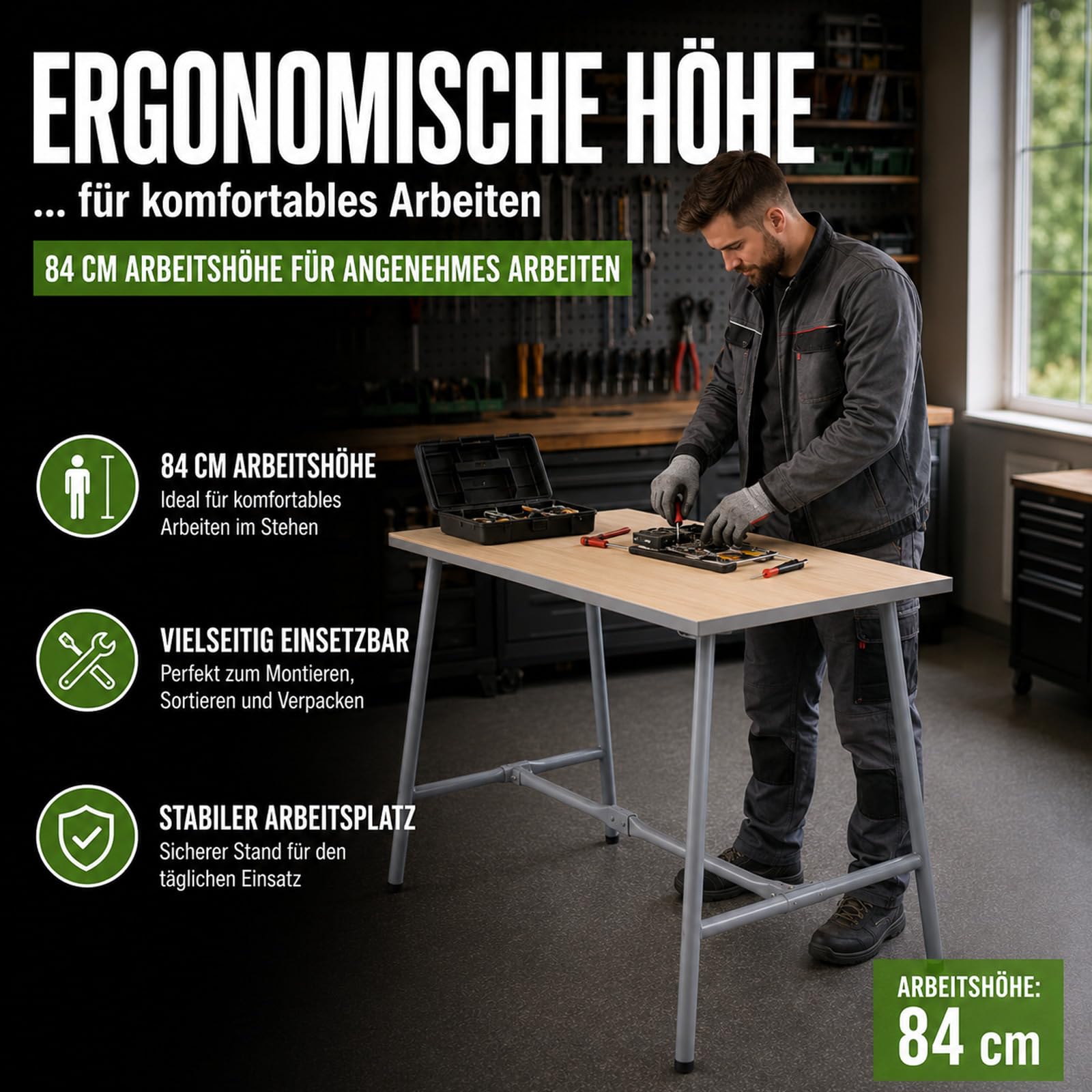 TRUTZHOLM Werkbank klappbar 114x60x84 cm Stabiler Werktisch bis 150 kg pulverbeschichtetes Stahlgestell grau mit 2,4 cm Holzarbeitsplatte Klappwerkbank Arbeitstisch für Werkstatt Garage Montage Lager