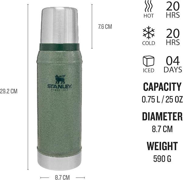 Stanley 1913 Classic Legendary Thermal Flask 0.75L - Keeps Hot Or Cold for 20 Hours - BPA-Free Insulated Bottle - Stainless Steel Coffee Flask - Leakproof - Dishwasher Safe - Green - 2