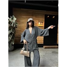 Kad n Antrasit Kendinden Desenli%100 Modal Alt/ st Kimono Tak m 29065