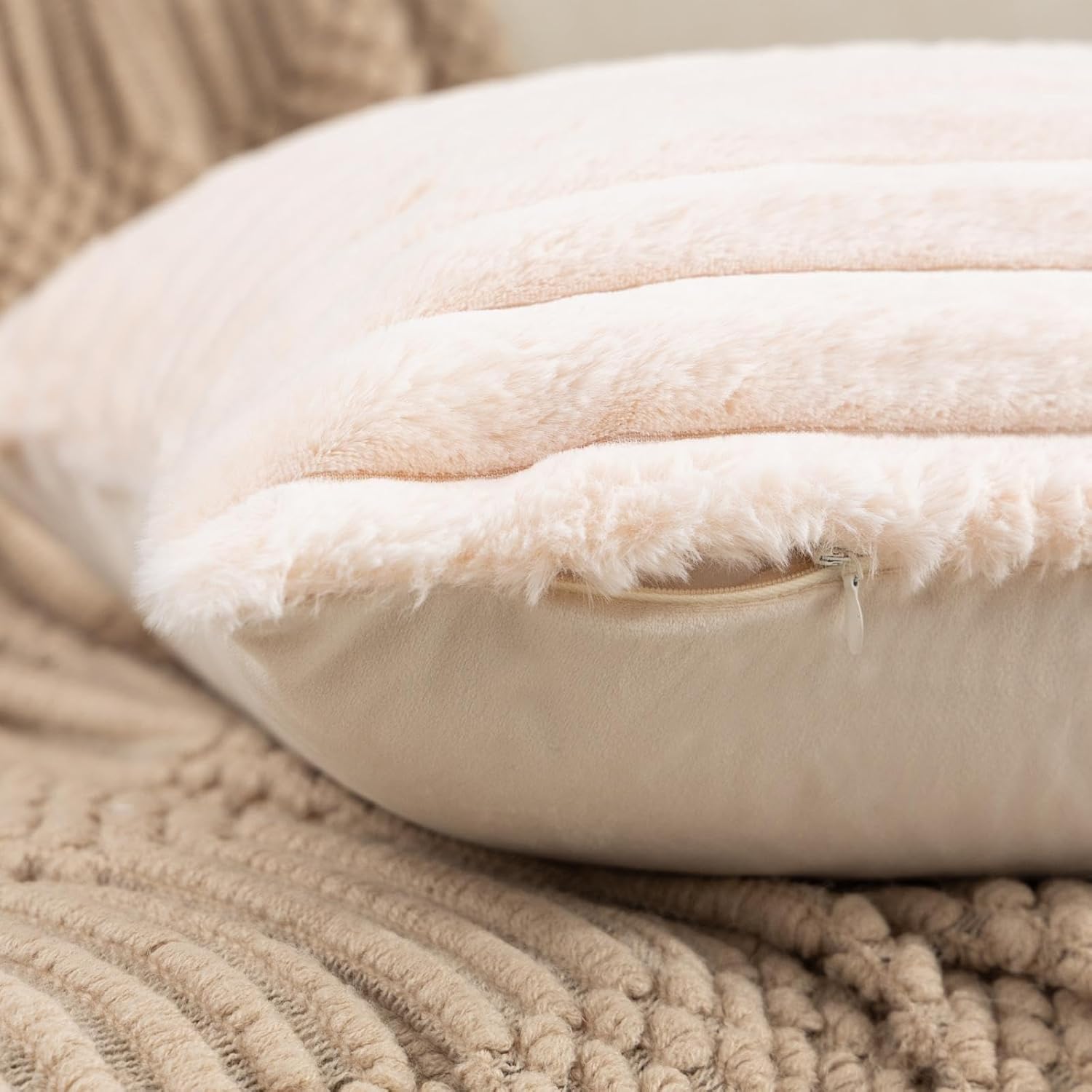 ZLINA Set of 2 Beige Faux Fur Decorative Throw Pillow Covers Fluffy Striped Pillowcase Cushion Covers 22 x22 Inch Decor Sofa Couch Bedroom