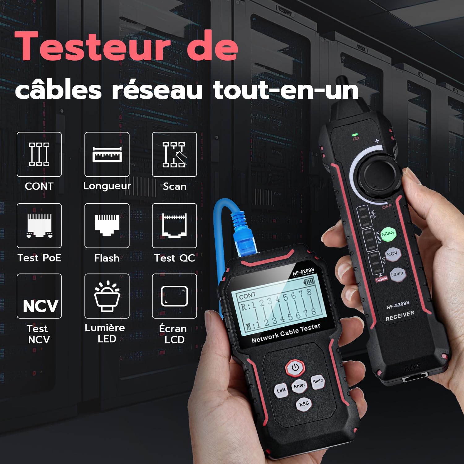 Mcbazel Testeur de Câble Réseau Avancé, Test de Réseau PoE, Sertissage de Connecteurs, Détection de Points de Rupture, Détecteur de Lignes Compatible CAT5/CAT6