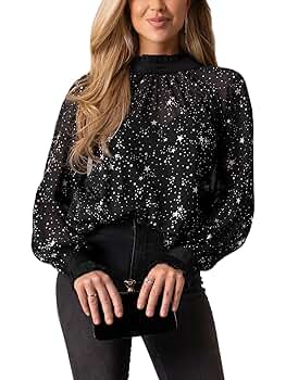 CUPSHE Women Blouses Star Print Semi-Sheer Ruffled Long
