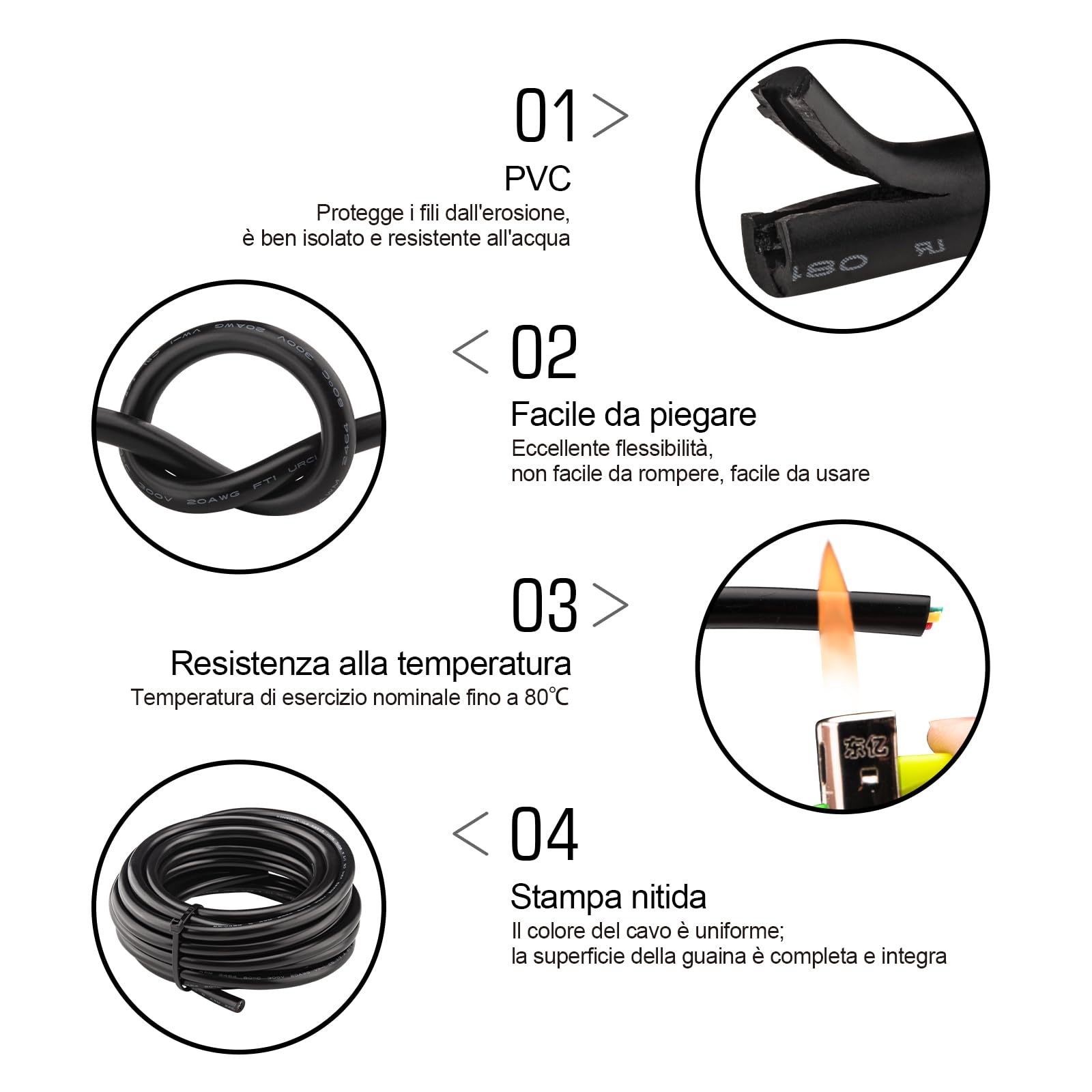 20M Cavo Nero 5x0,5mm² 20AWG UL2464 Flessibile PVC Prolunga | UL2464, 5 Conduttori, Rame Stagnato 20 AWG, Rivestito in PVC Nero