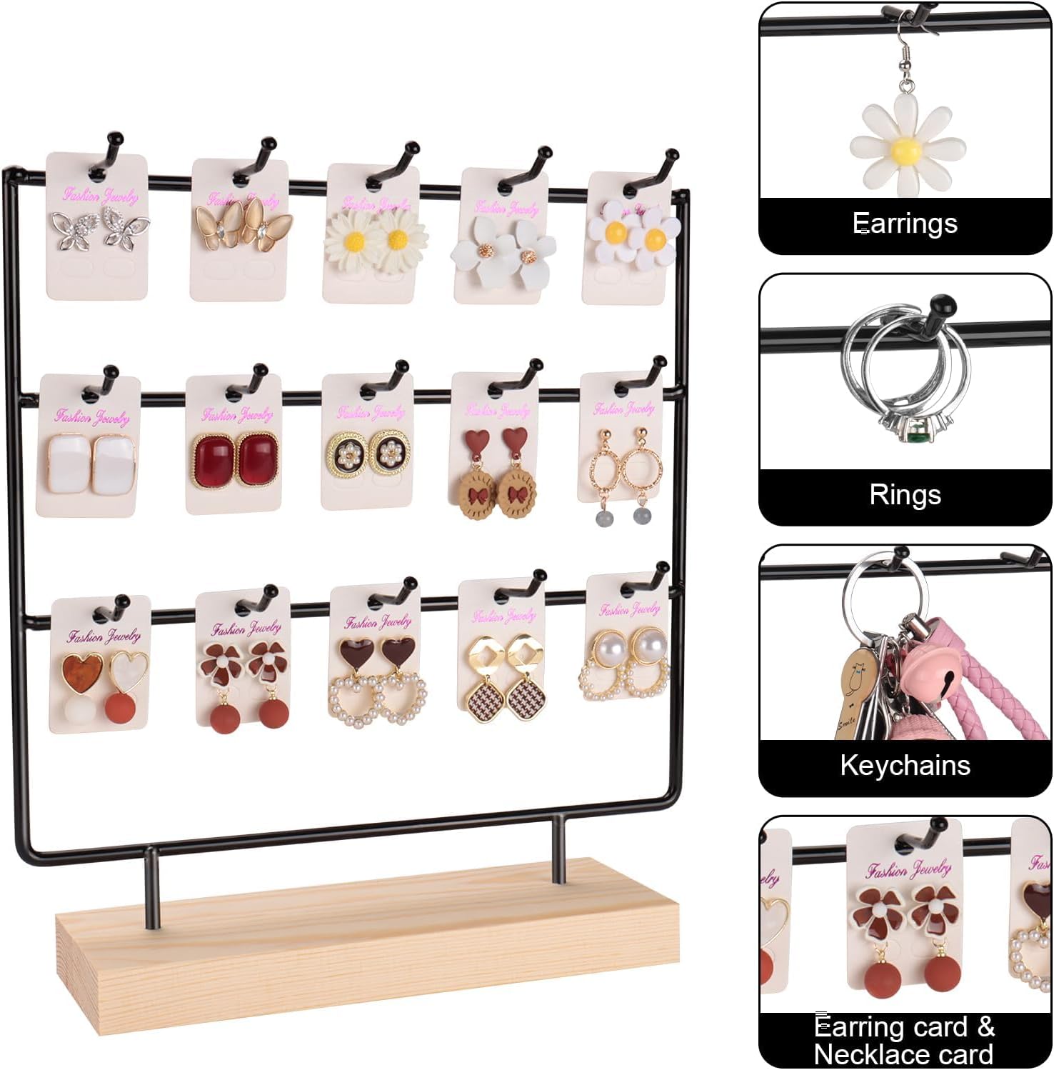 Earring Display Stand for Selling, Wood Earring Rack Tower Display Holder Stand (3 Tier,15 Hooks, Black) - Image 3
