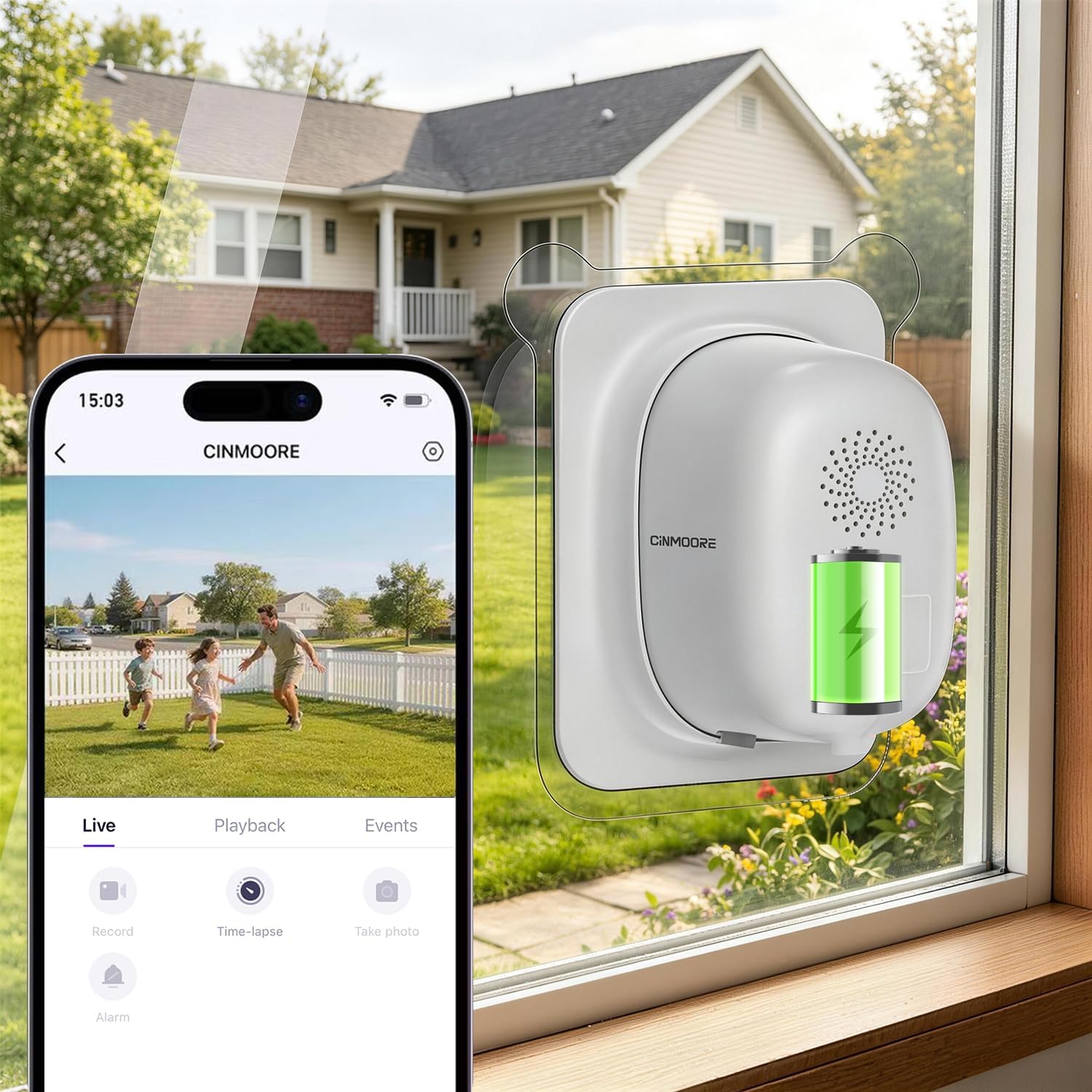 Caméra de sécurité pour fenêtre 2,5 K, sans perçage, anti-reflet, détection IA gratuite humain/véhicule/animal de compagnie, vision nocturne en couleur, batterie 5000 mAh et double