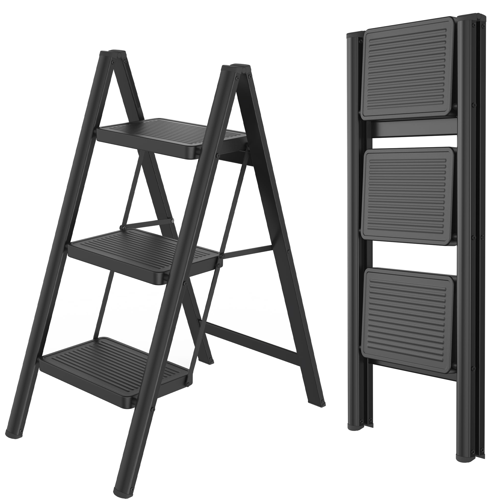 Aufun Escalera de 3 peldaños, escalera plegable con pedal antideslizante ancho, escalera doméstica Multifuncional, fácil de guardar, con capacidad de carga hasta 270 kg, escalera de peldaños para el